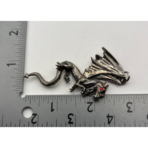 Silver Tone Large Dragon Pendant Charm Red Rhinestone Eye Mystical Fantasy - Picture 3 of 7